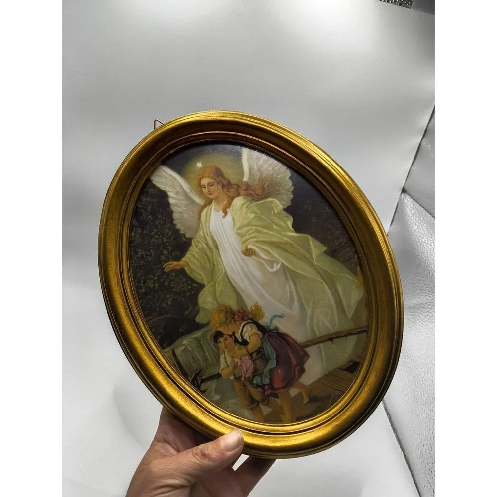VTG 1950s Italian Guardian Angel Framed Print Oval Gold Frame Velvet Back-Italy
